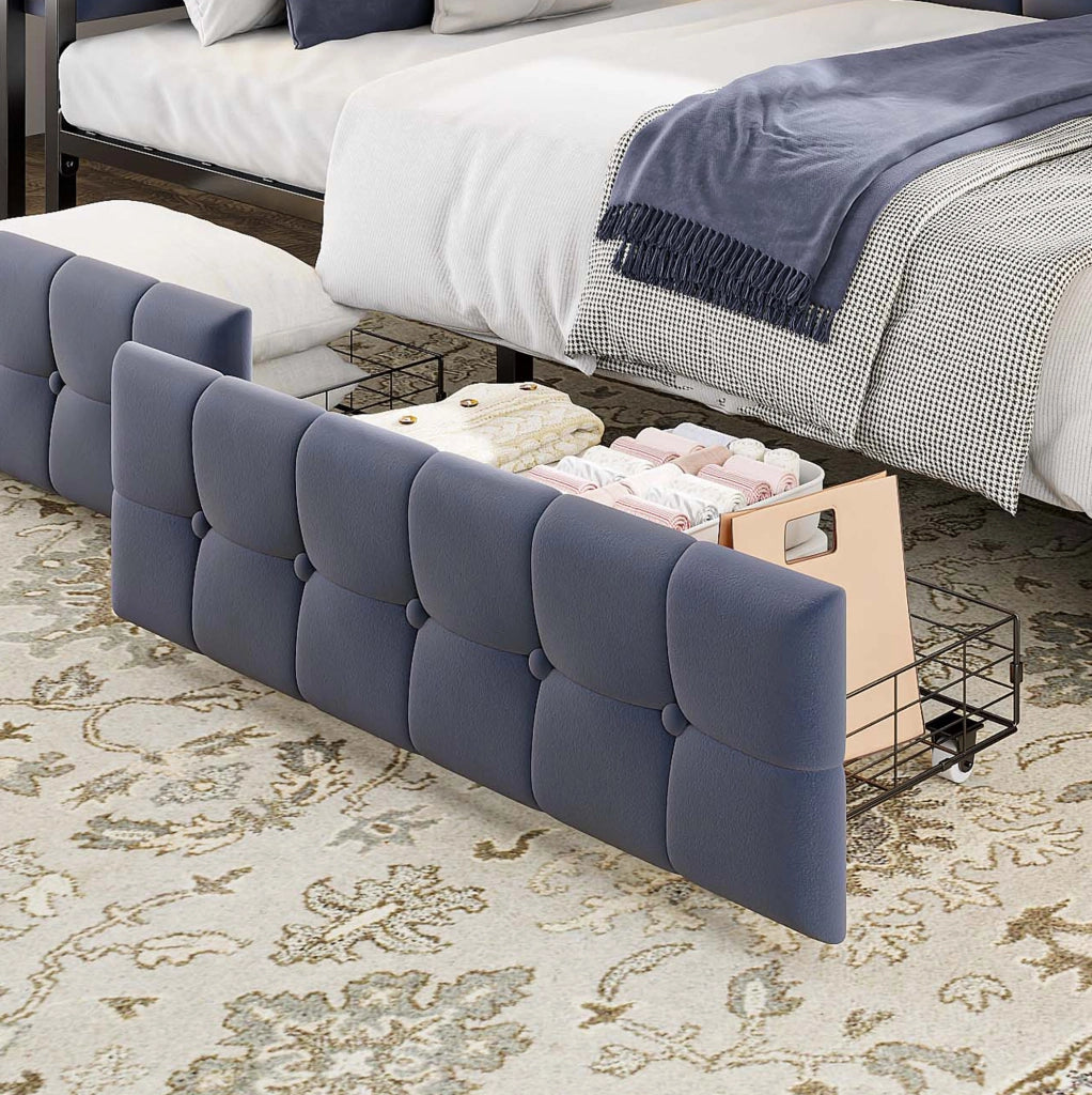 Divano letto imbottito 90x200 cm grigio con LED, USB/Type-C, 2 cassetti