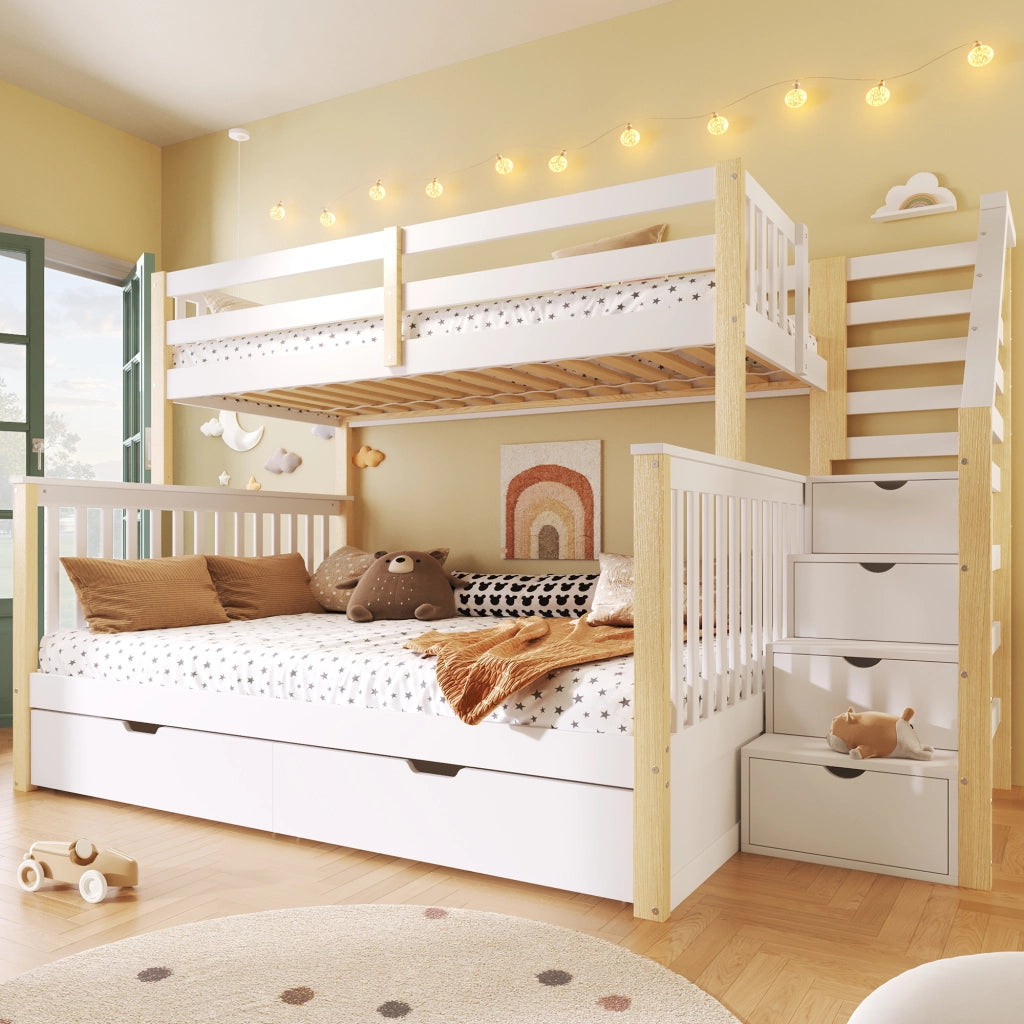 Letto a castello 90×200 cm e 140×200 cm con cassetti; contenitore e scala; senza materasso; bianco e naturale