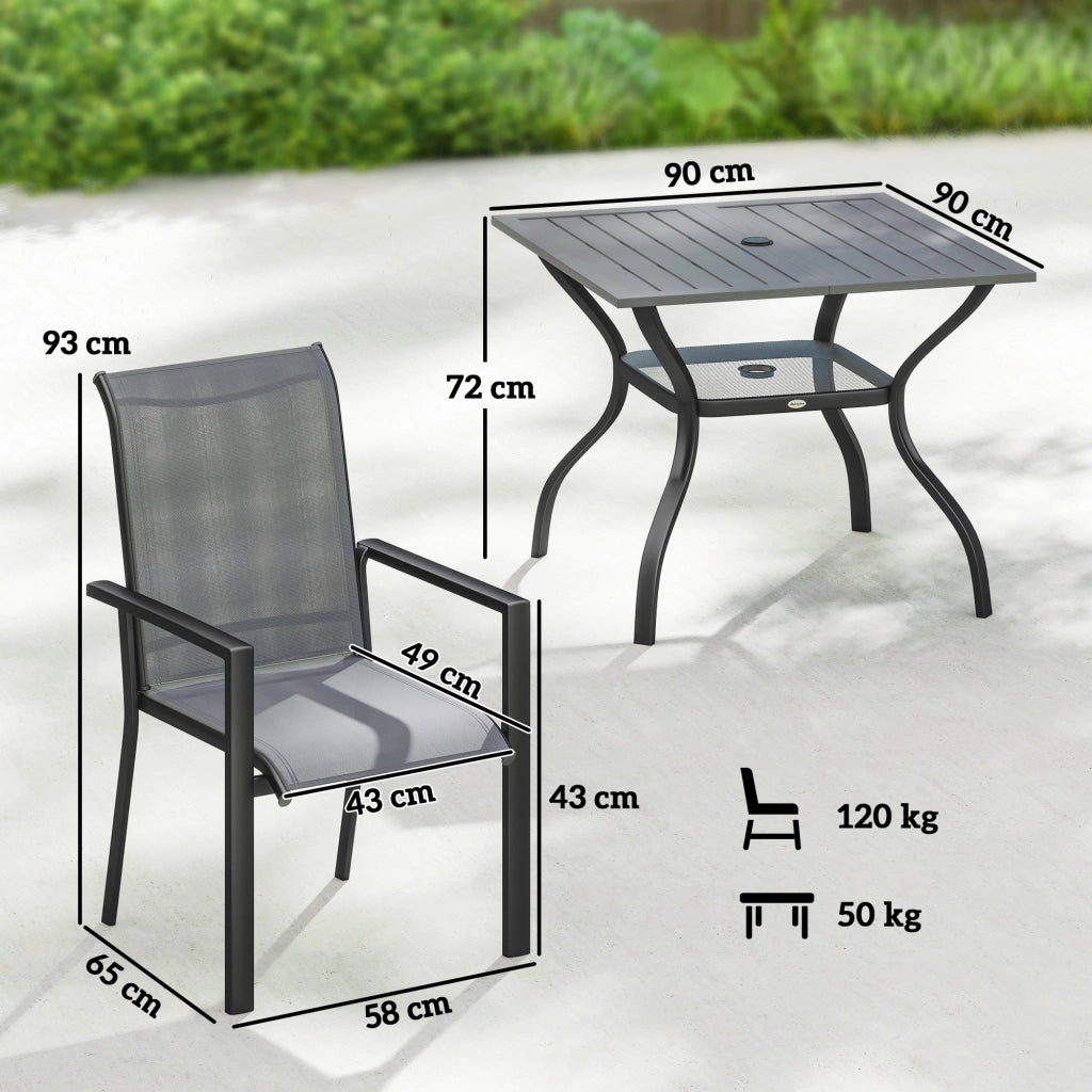 Set da Giardino 5 pz in Acciaio con 4 Sedie Impilabili e Tavolo con Foro Centrale e Ripiano Inferiore, Grigio