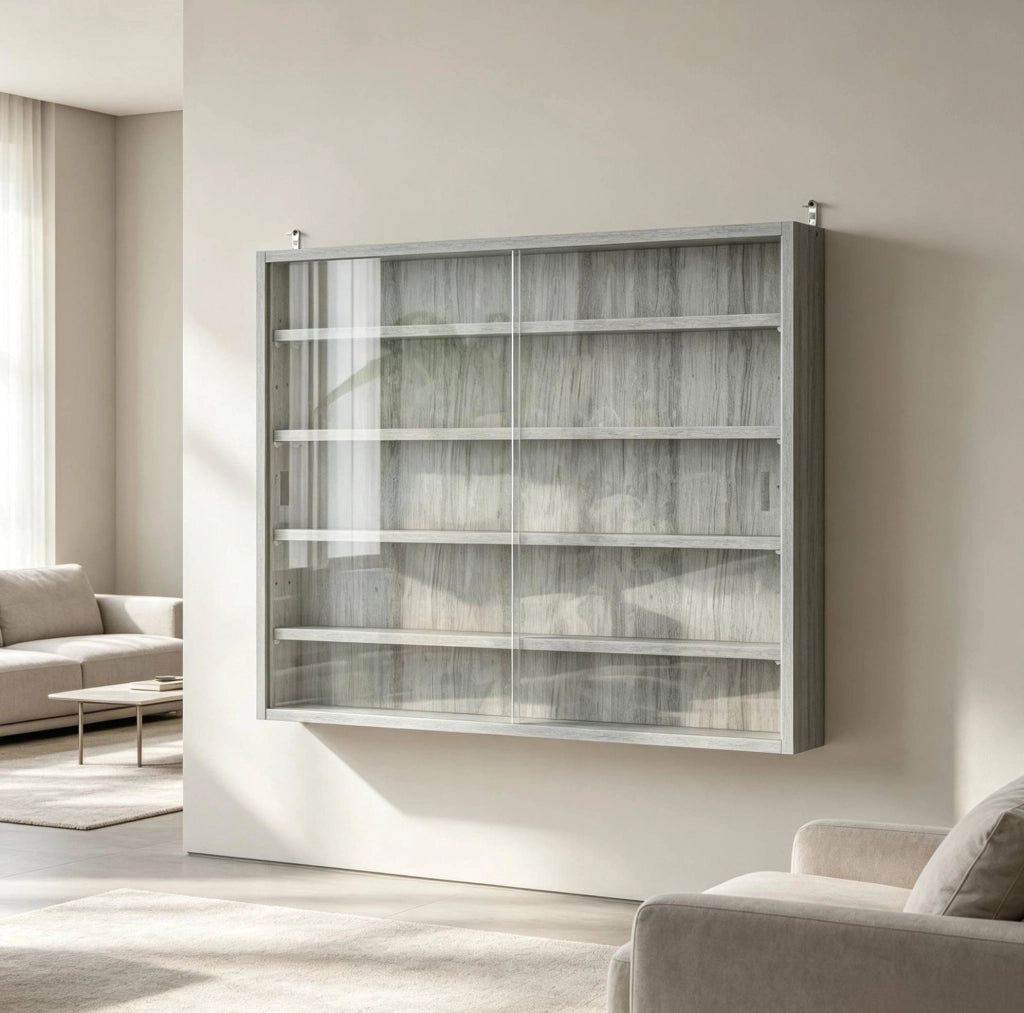 Vetrina da parete moderna in truciolato e vetro 80x9,5x60 cm grigia con 4 ripiani regolabili