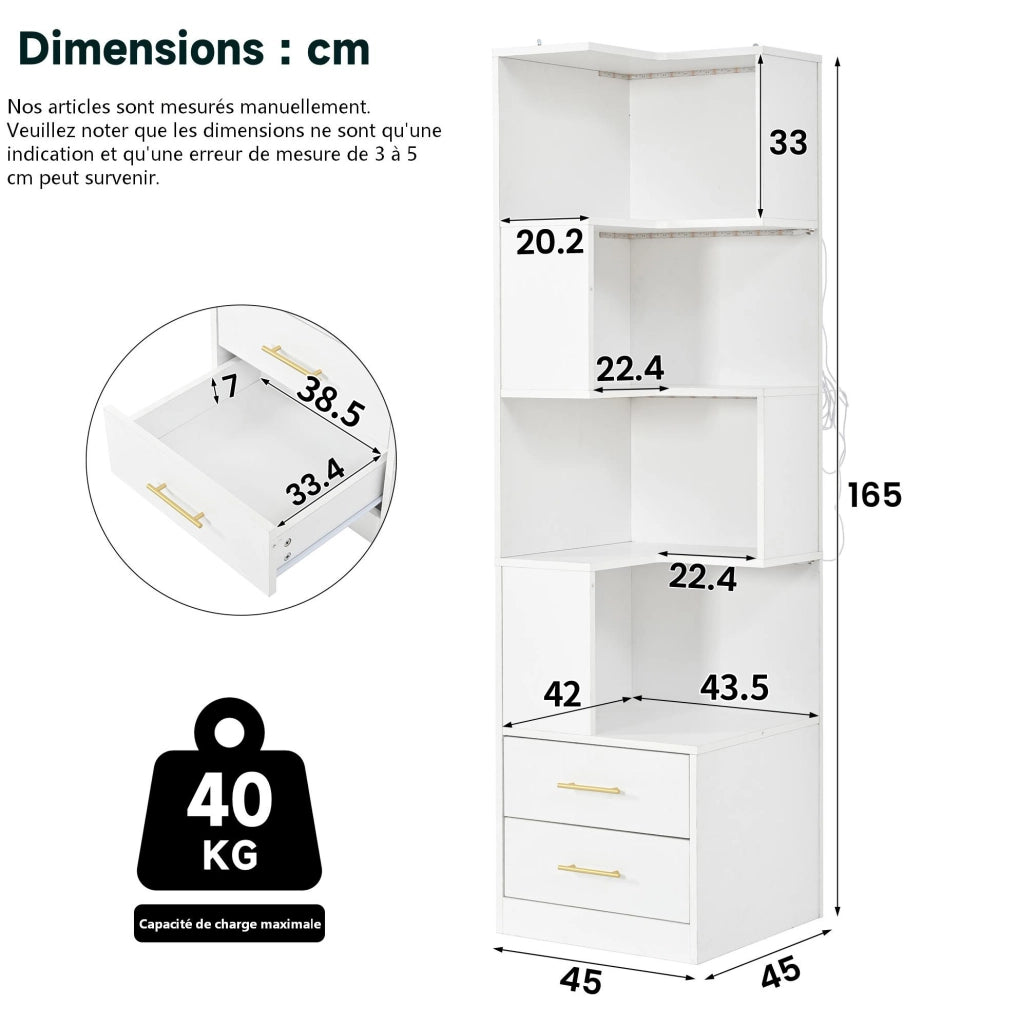 Libreria Angolare Bianca 165 cm con 4 Ripiani, LED Multicolore e 2 Cassetti, Mobile Soggiorno e Camera