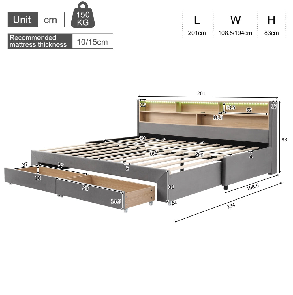 Letto singolo estraibile 90x200 cm con 2 cassetti; LED e USB/Type-C in velluto grigio HOMVRA