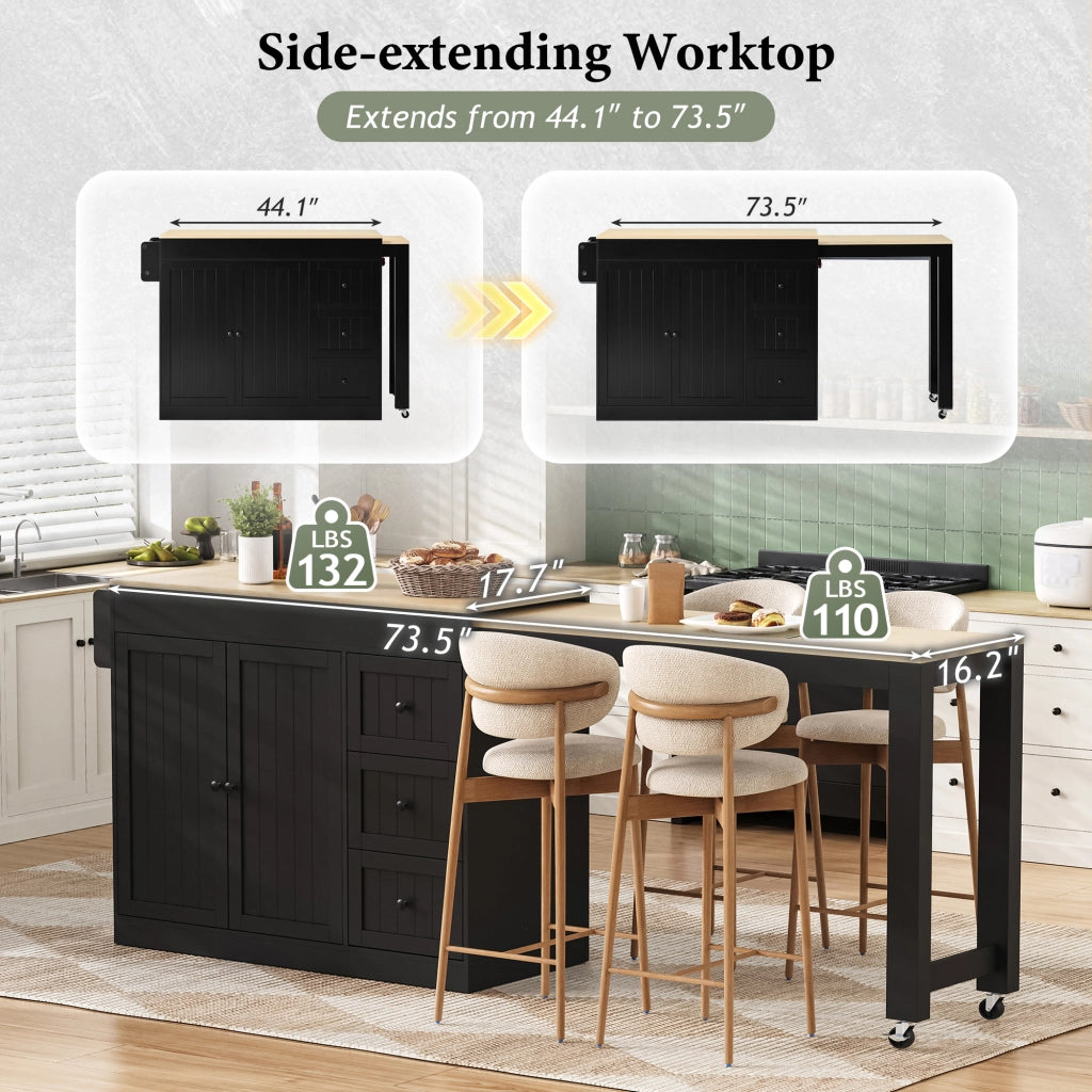 Carrello da cucina su ruote con piano laterale estraibile, 3 cassetti e portaspezie, per cucina e sala da pranzo, nero