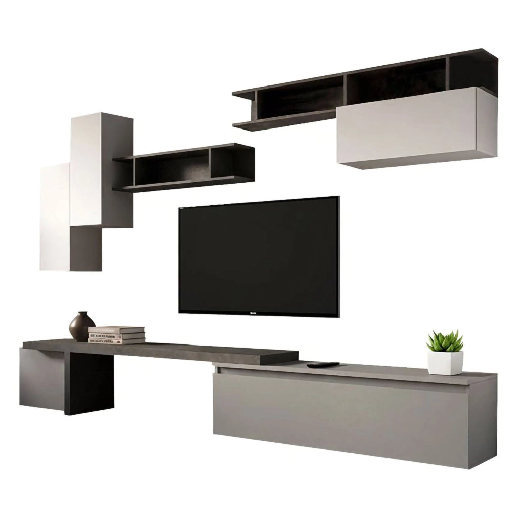 Parete attrezzata Chris, Composizione soggiorno, Mobile salotto multiuso, Armadio porta TV, Made in Italy, 290x40 h210 cm, Ardesia e Grigio