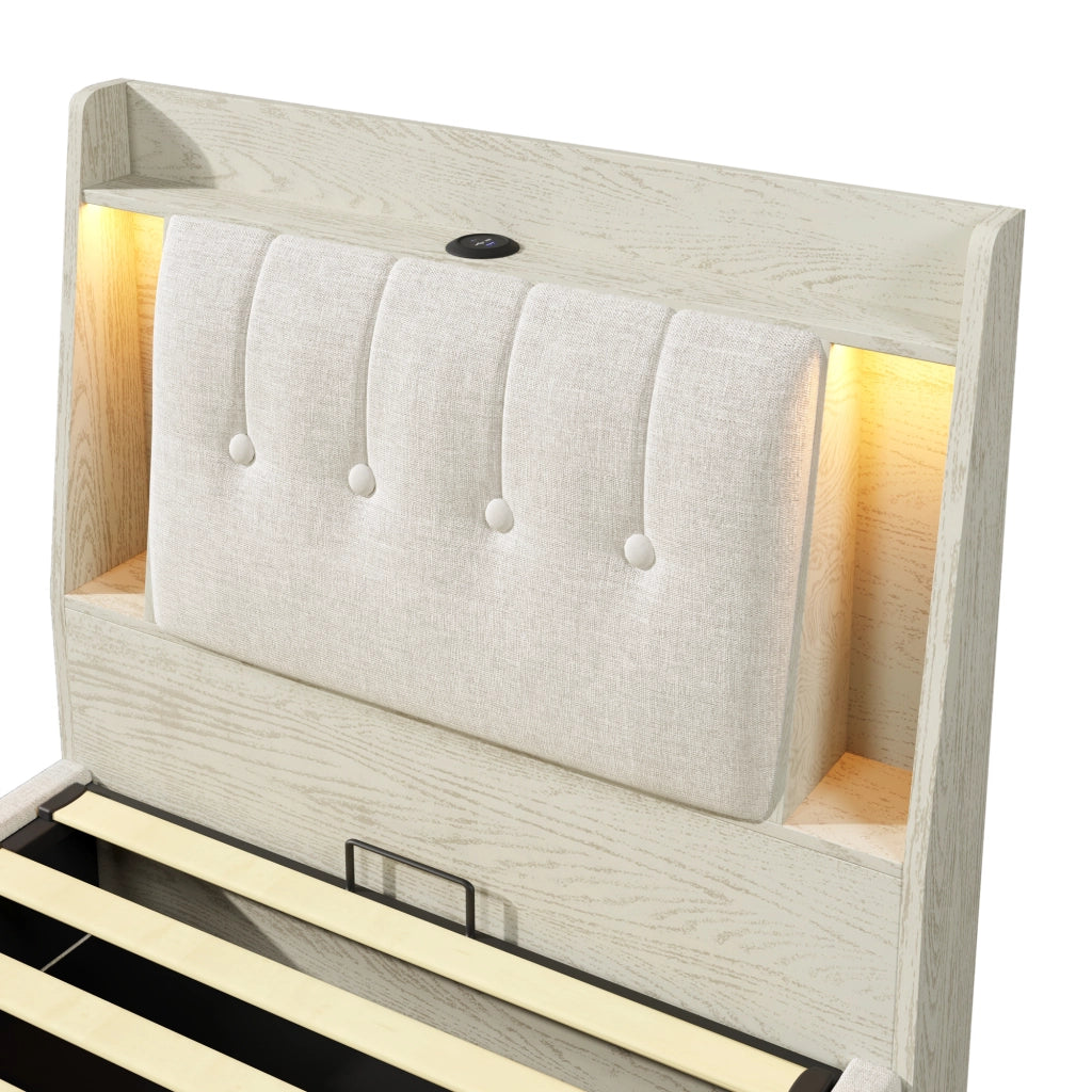 Letto per bambini 90x200 cm con LED; USB e Type-C; testiera con vani e scomparto ribaltabile; lino beige