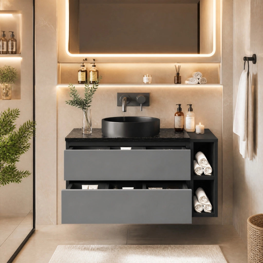 MOBILE BAGNO LAVABO 80 cm Nero/Grigio in MDF con lavabo in ceramica, Set da 2 pezzi