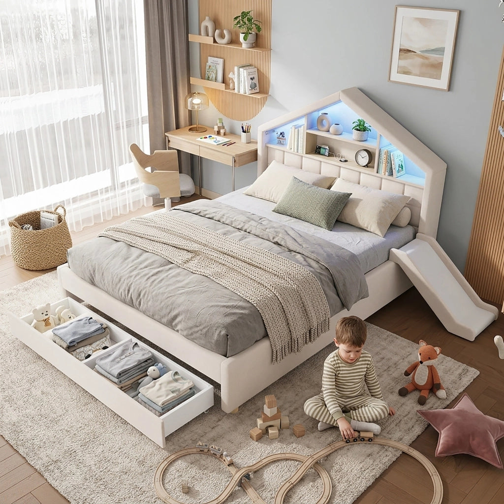 Letto a casetta 140 x 200 cm - letto matrimoniale imbottito in velluto con scivolo reversibile, LED, presa di ricarica e contenitore, beige