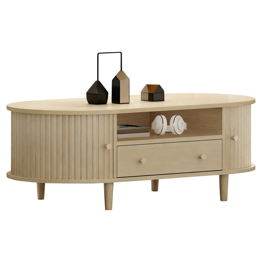Tavolino da salotto ovale con cassetto, vano aperto e 2 ante a rullo per soggiorno, in mdf rovere, 100 × 50 × 36 cm