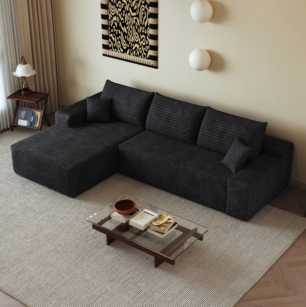 Divano modulare angolare boneless 270 cm con chaise longue a L in velluto a coste nero, senza montaggio