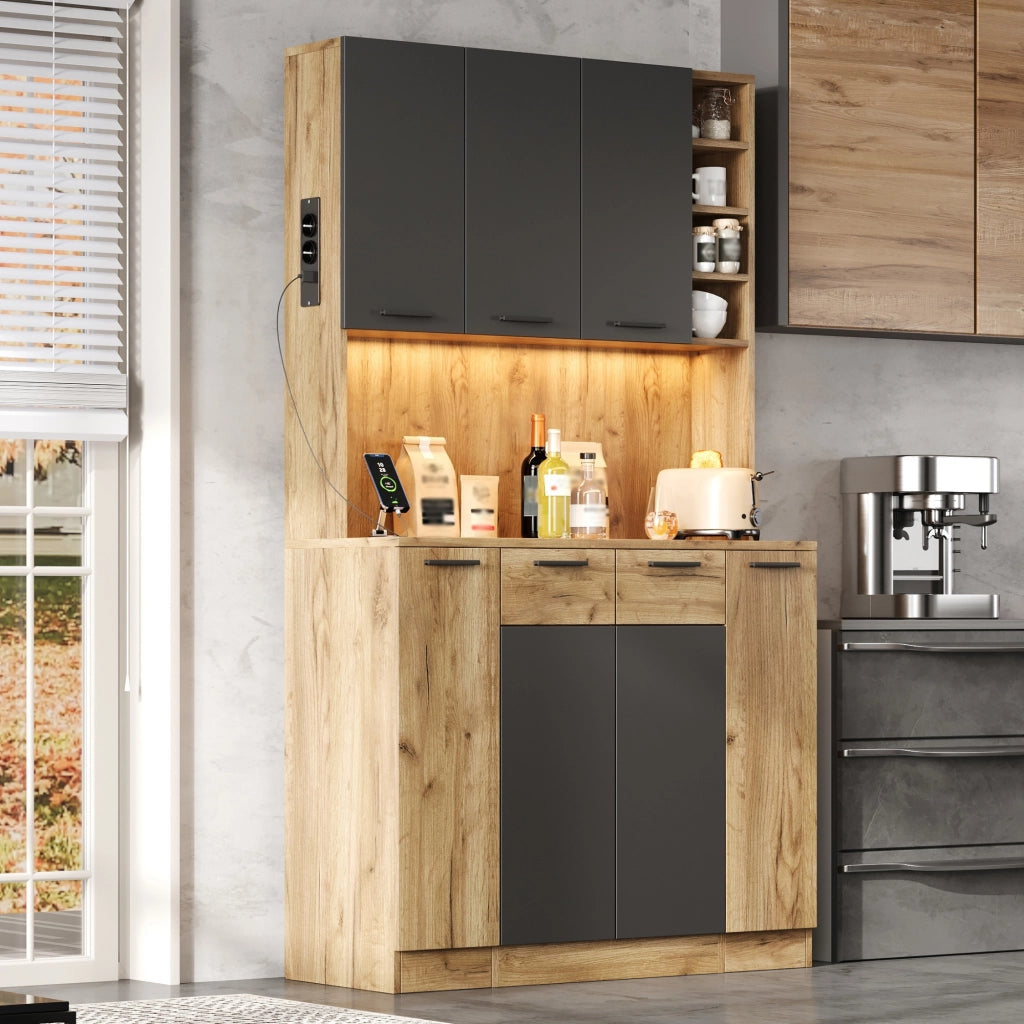 Credenza da cucina alta LED con 4 cassetti verticali e presa, per cucina, MDF nero naturale, 100 × 40 × 180 cm
