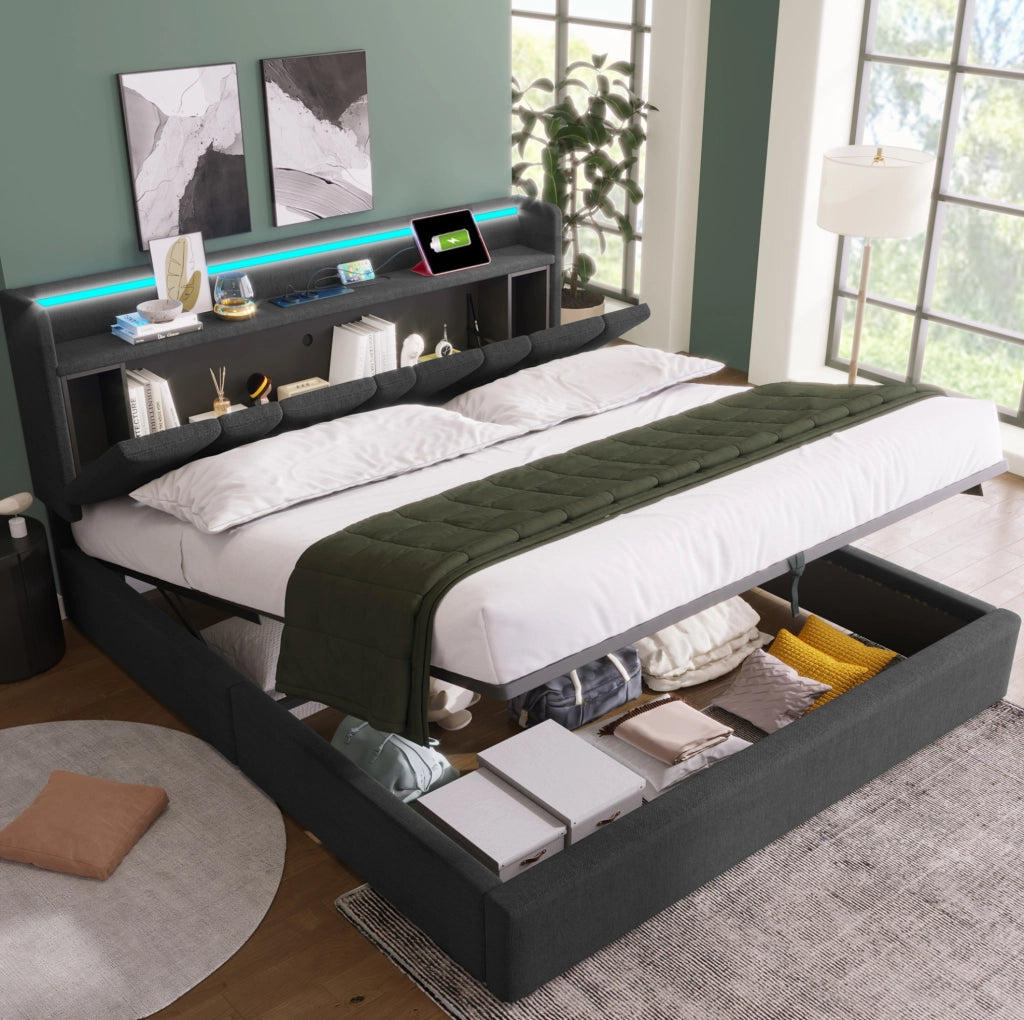 Letto imbottito 160x200 con testiera contenitore, prese USB e LED RGBW