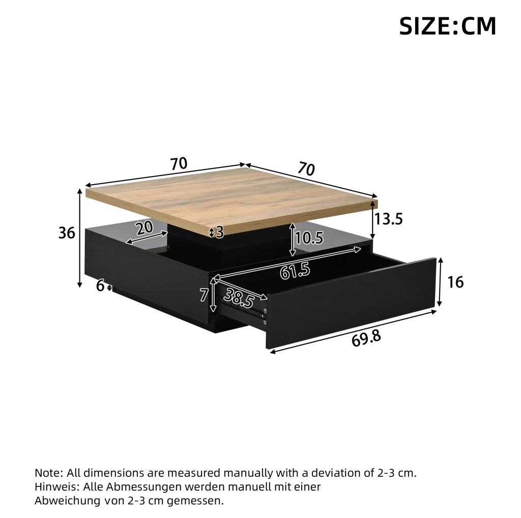 Tavolino da caffè quadrato 70x70x36 cm girevole 360° con vano portaoggetti in truciolare noce e nero lucido