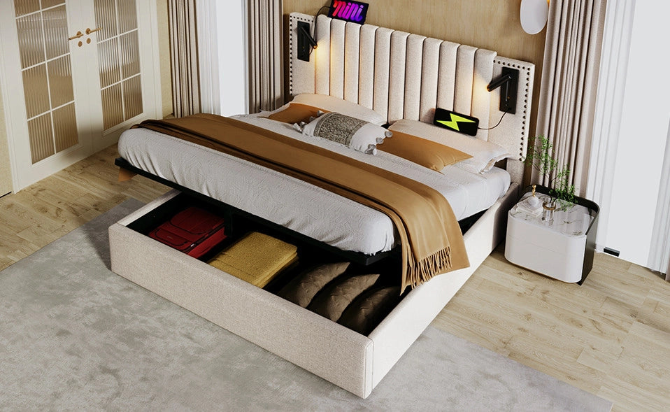 Letto matrimoniale imbottito beige 180x200 cm con contenitore, luce da lettura USB e struttura in cotone