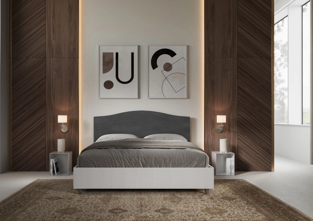 BS COM Letto matrimoniale con rete 160x200 bianco frassino testata microfibra grigio