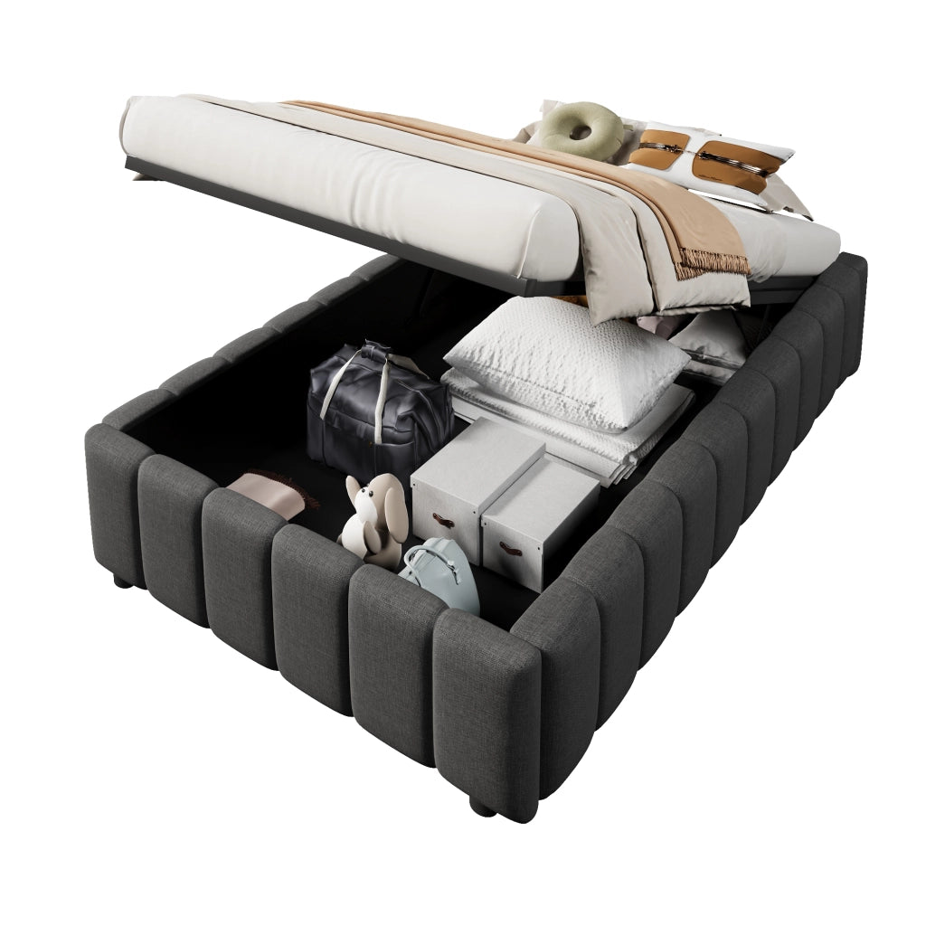 Letto contenitore singolo 90 × 200 cm con sollevamento idraulico; senza materasso; in lino e MDF; grigio