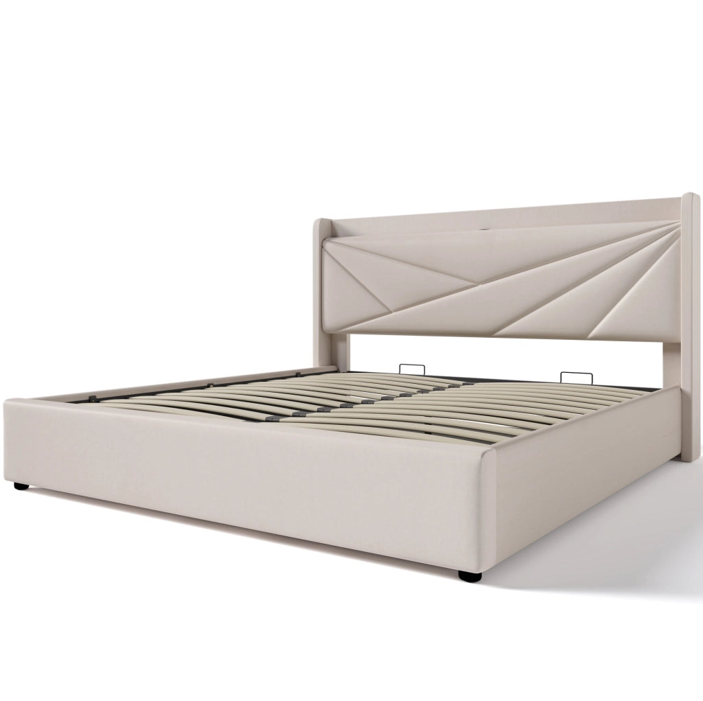 Letto matrimoniale 180x200 cm con contenitore, USB e USB-C in cotone e lino beige