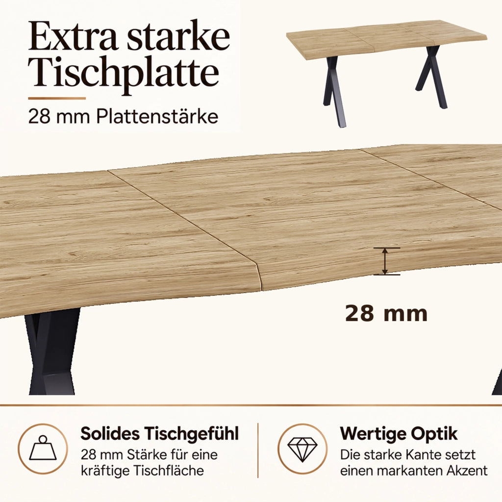 Tavolo da Pranzo 180x78 cm 4-6 Posti LEMONMAX; Piano MDF 28 mm con Bordi Ondulati; Gambe a X in Metallo; Effetto Legno Naturale; Portata 60 kg