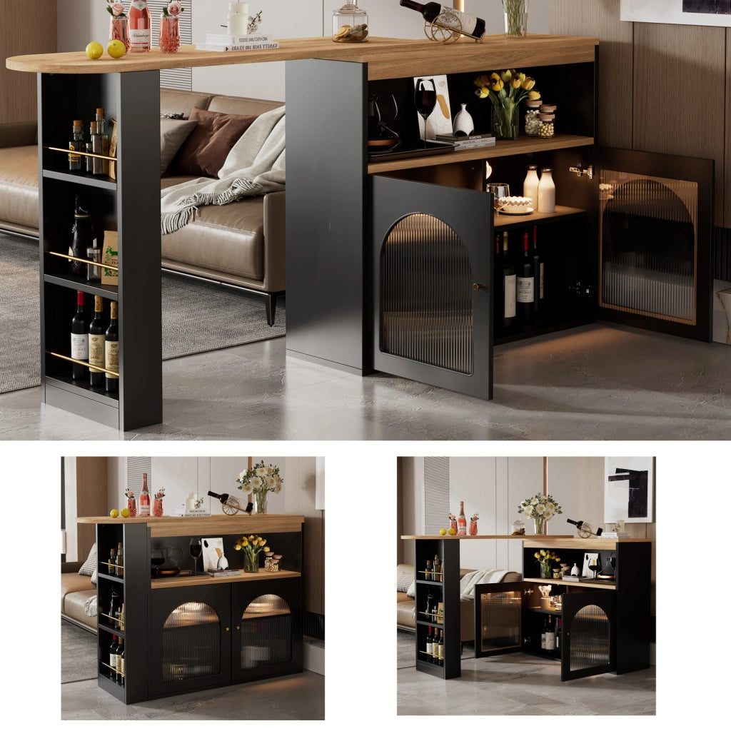 Tavolo bar girevole ed estensibile 138-193x39x105 cm con LED e ripiani; nero