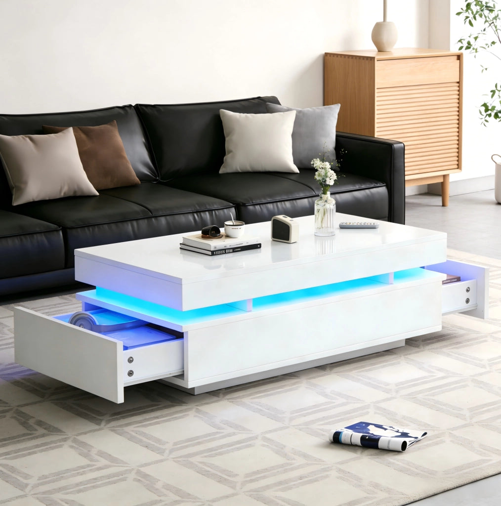Tavolino da salotto LED 100x50x35 cm con 2 cassetti bianco lucido HOMVRA