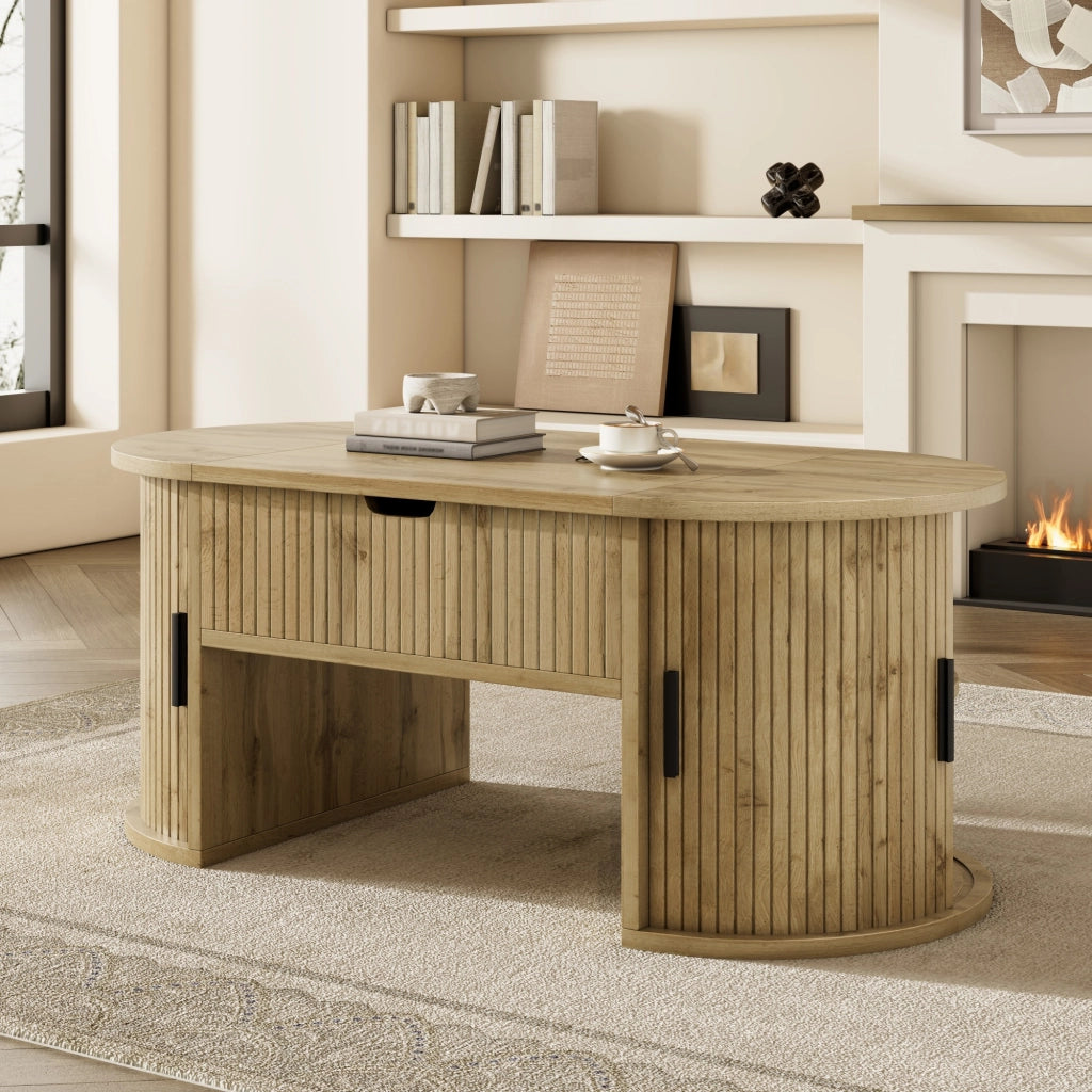 Tavolino basso sollevabile con piano regolabile e ripiani aperti in MDF effetto rovere, ovale, 100 × 50 × 40,5 cm