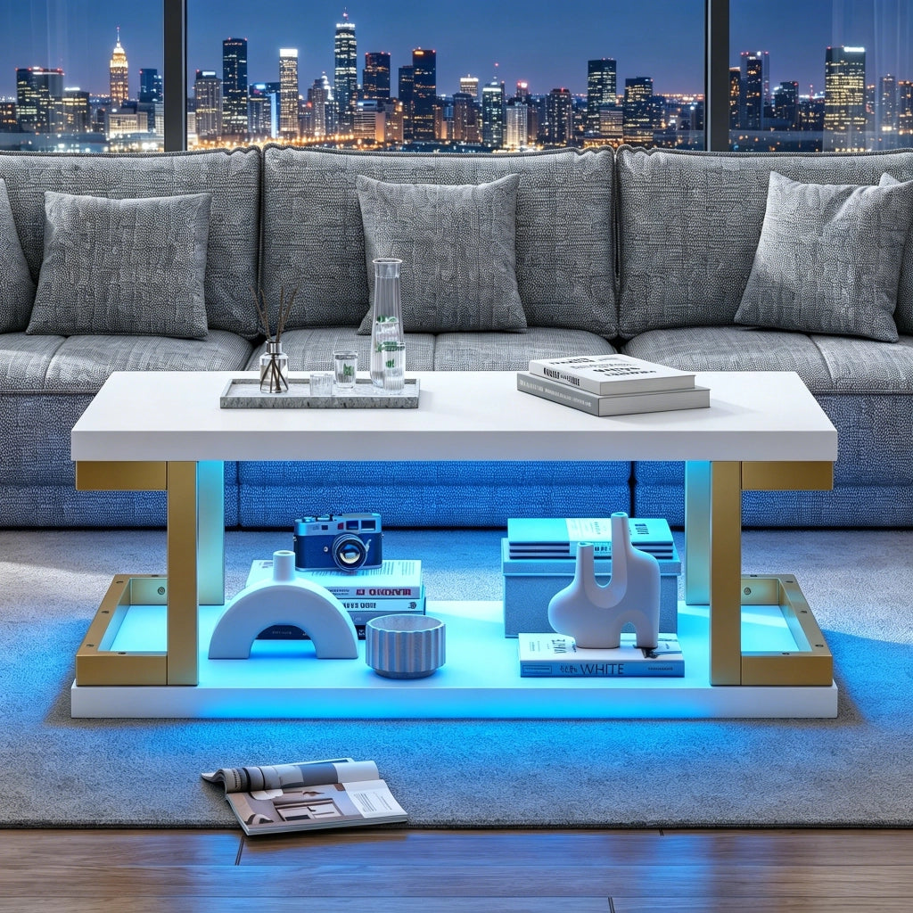 Tavolino basso fisso con LED e ripiano aperto in MDF e metallo bianco e oro per soggiorno 100 × 50 × 37,5 cm