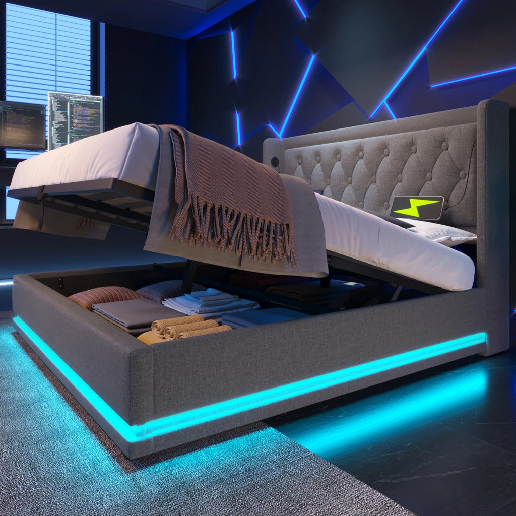 Letto contenitore 160 × 200 cm con testiera imbottita USB Tipo-C LED su tre lati in cotone grigio