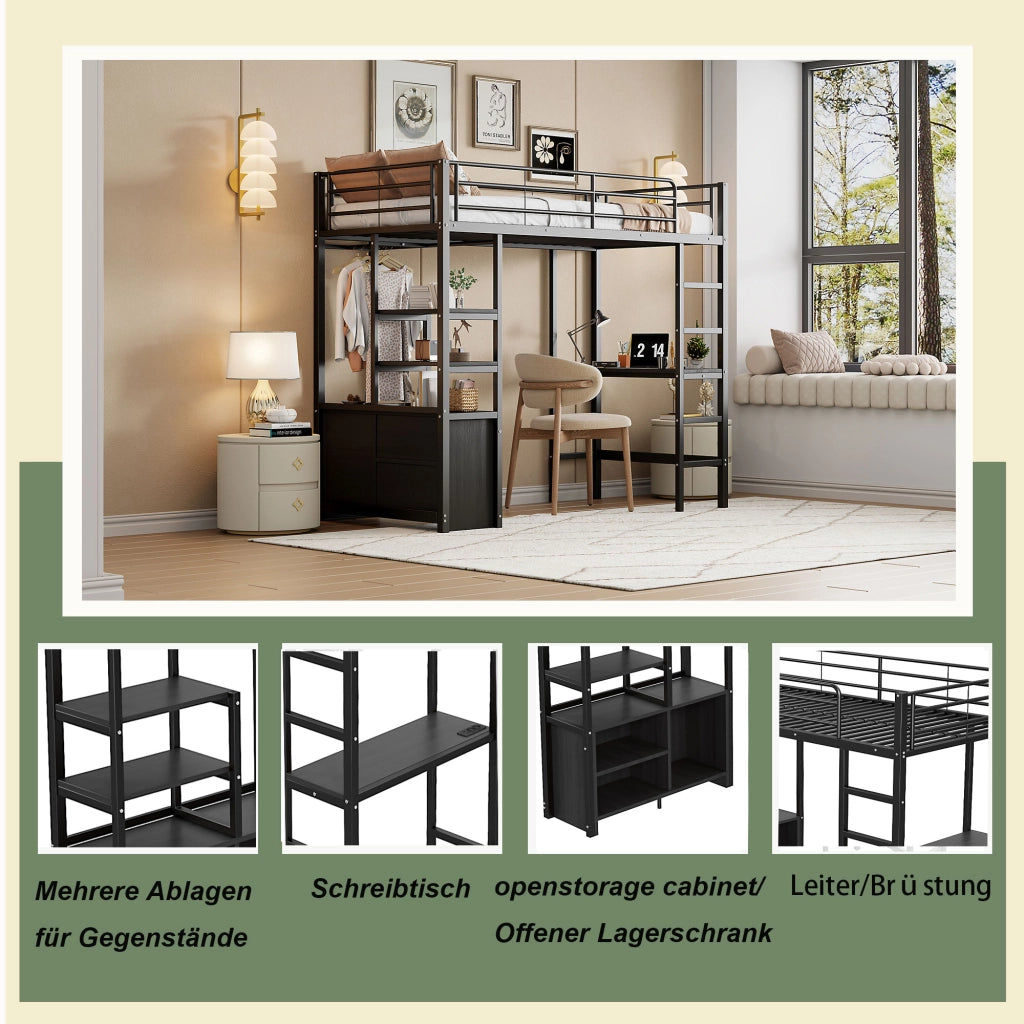 Letto a soppalco 90 × 200 cm con scrivania prese USB scaffali struttura in metallo e MDF nero