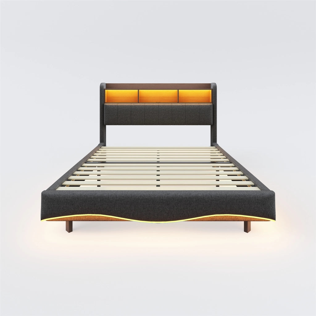 Letto imbottito 140x200 cm grigio con design sospeso; LED e prese USB Tipo C per camera da letto