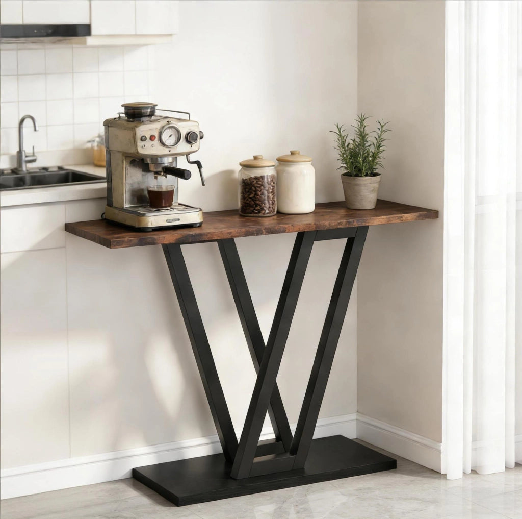 Tavolo consolle stretto 110x30x80 cm in MDF e metallo marrone rustico e nero HOMVRA