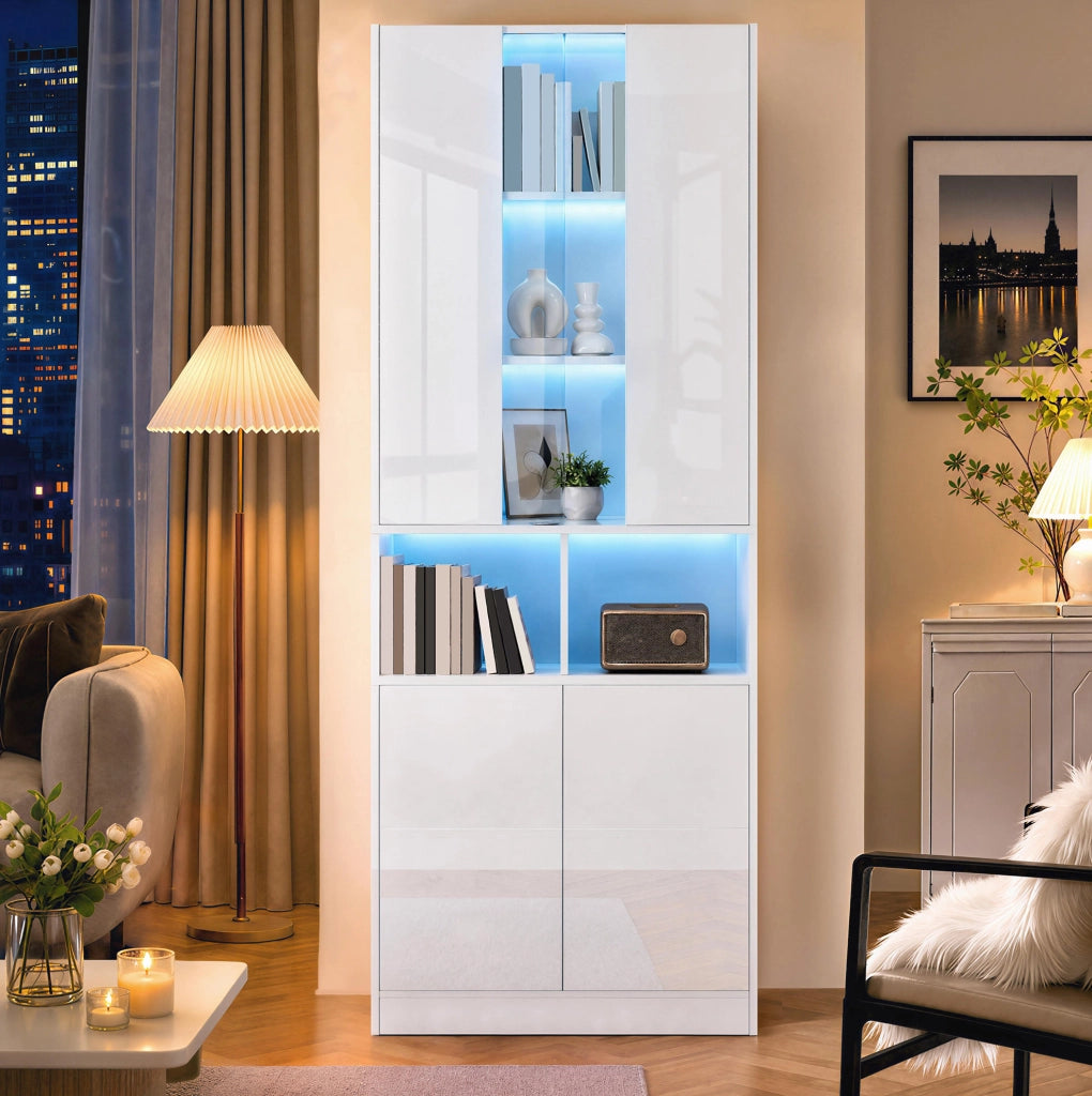 Armadio alto bianco a due sezioni con doppie ante, vetro acrilico centrale, luci LED controllabili via app, ripiano regolabile, 70x35x180 cm