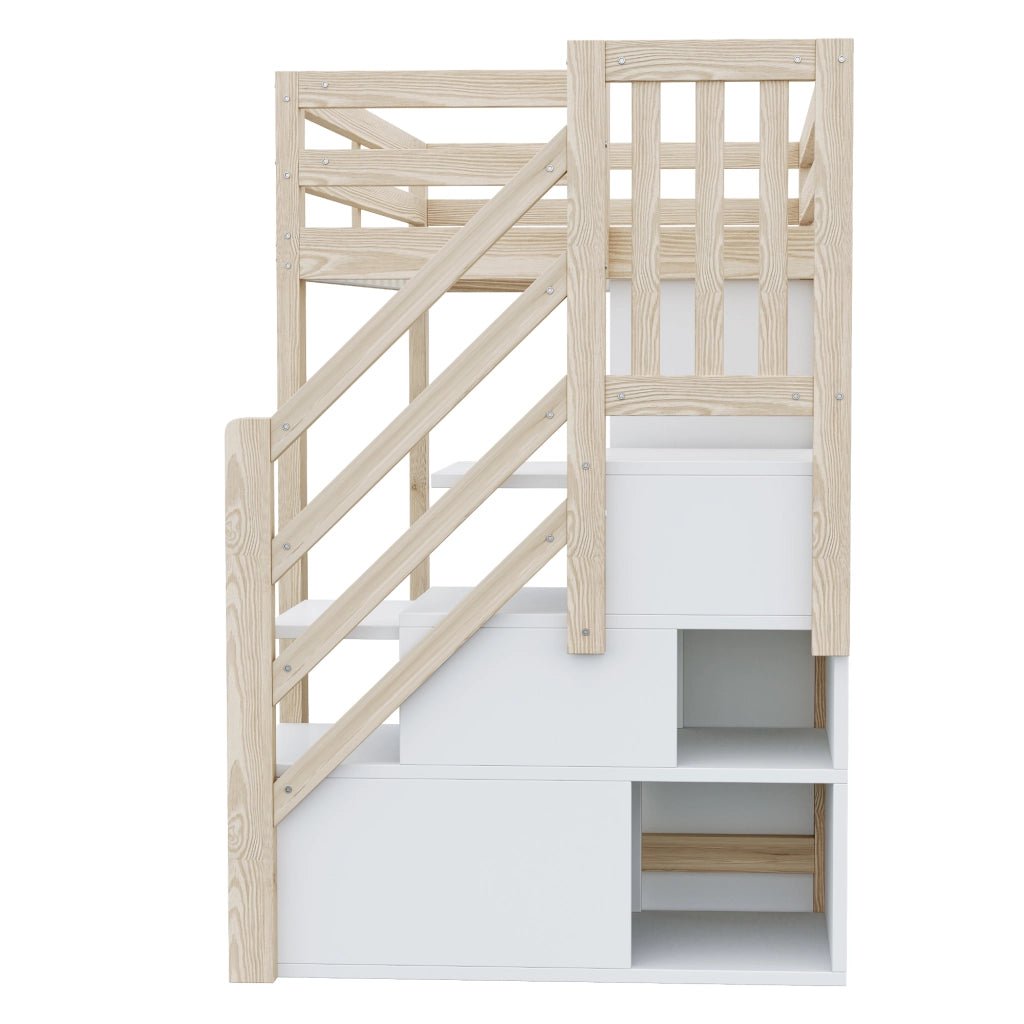 Letto a soppalco 90 × 200 cm con armadio ripiani scala contenitore LED rete a doghe in legno bianco