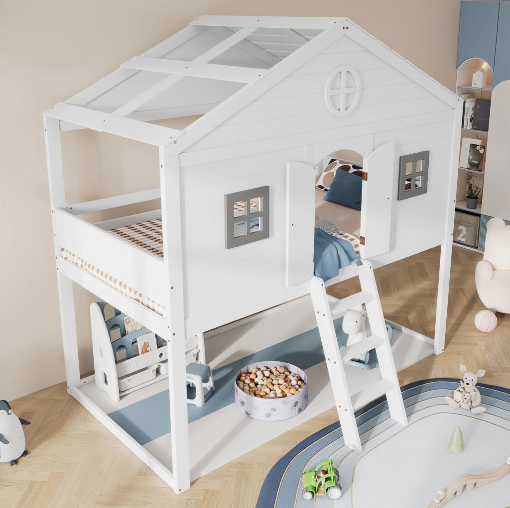 Letto a castello per bambini 90x200 cm in pino e MDF bianco e grigio con scala e protezioni di sicurezza