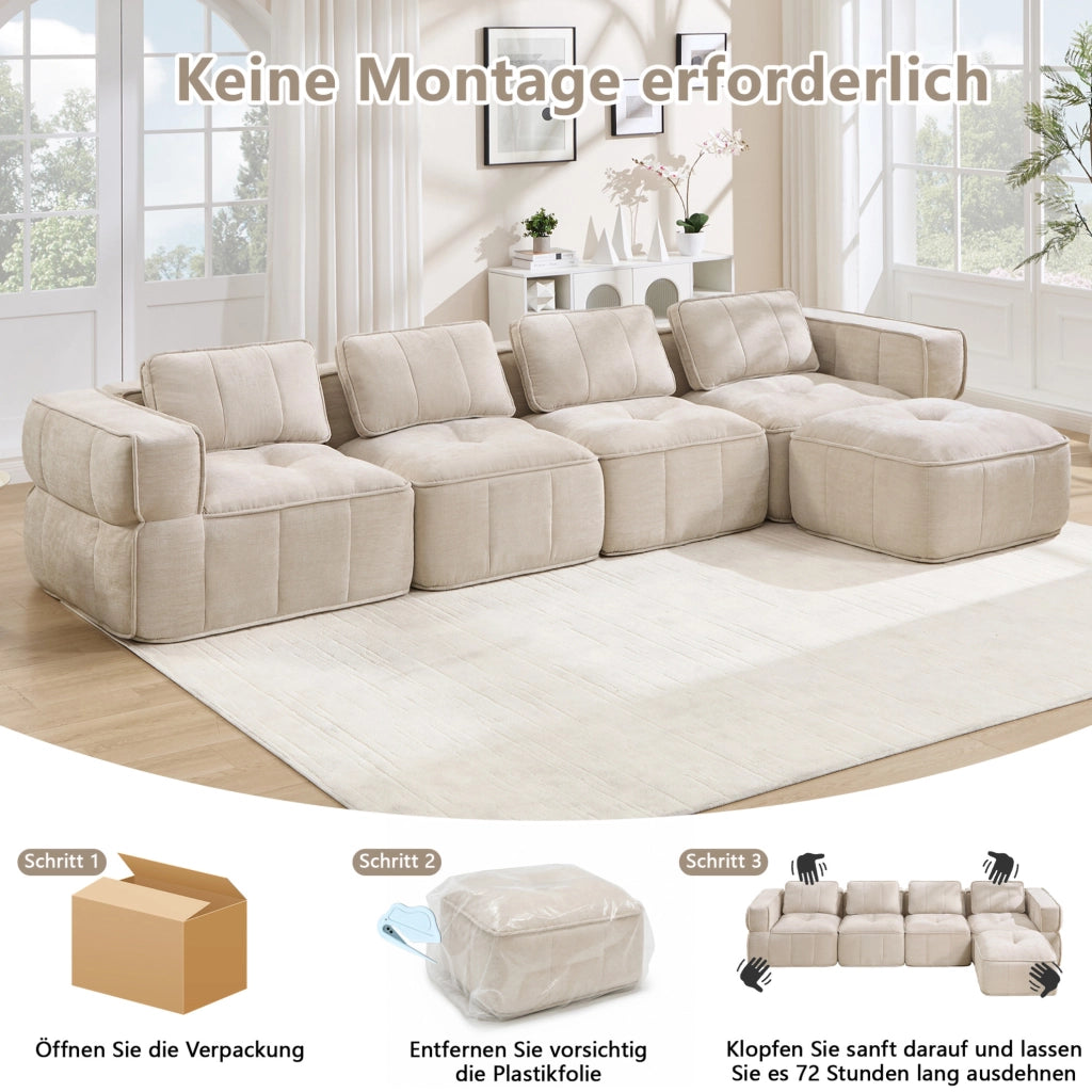 DIVANO Modulare con Pouf 344x162x67 cm Poliestere Beige