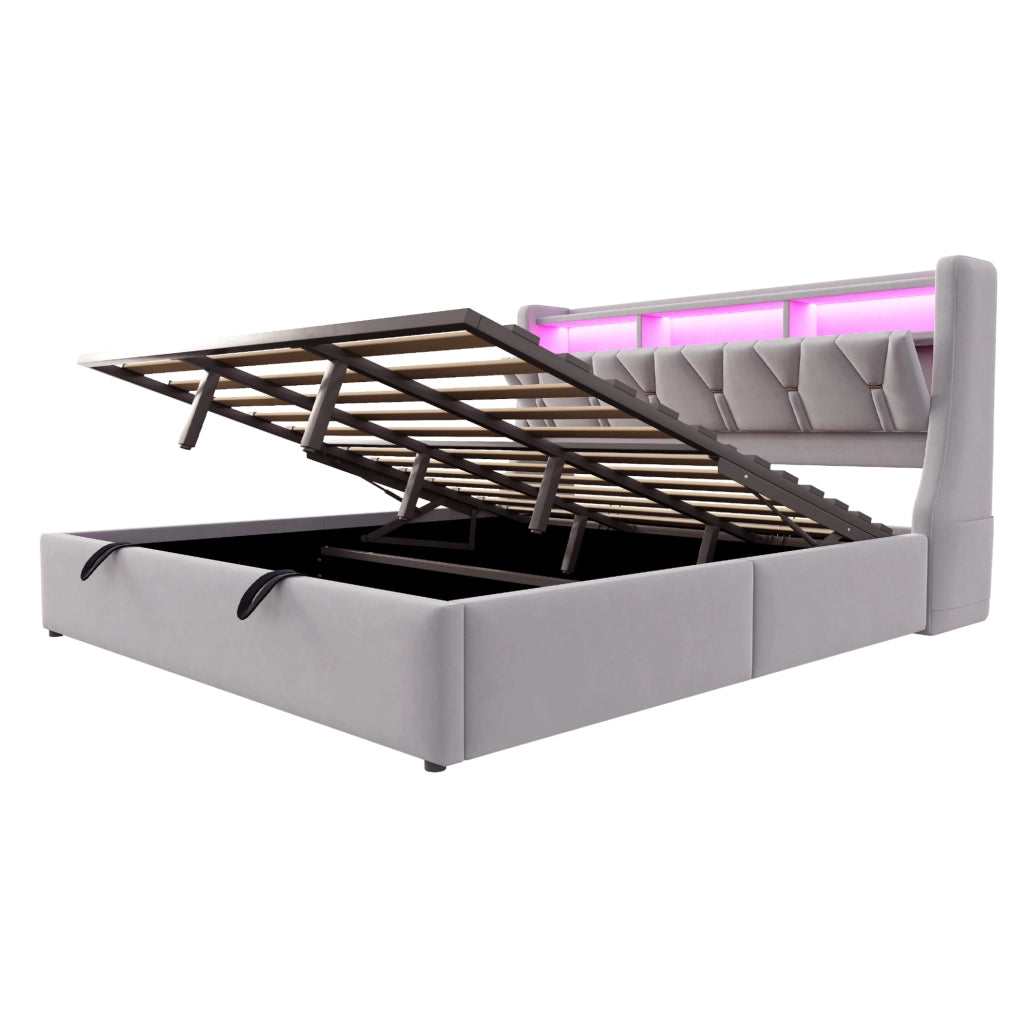 Polsterbett 180x200 cm con contenitore; testiera ribaltabile; LED; USB e USB-C; velluto grigio chiaro