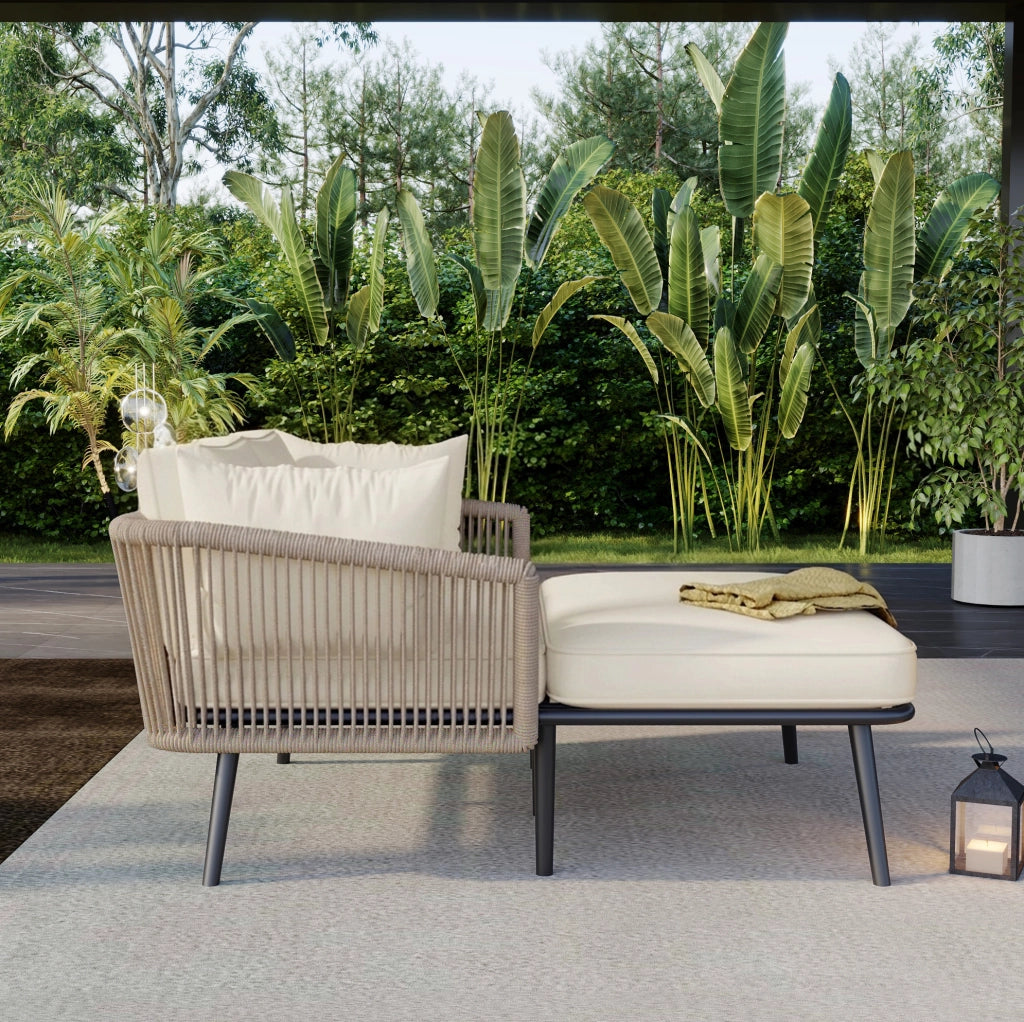 Divano da giardino con 2 cuscini e struttura in acciaio, tessuto beige e corda kaki, per esterni, balcone e terrazza