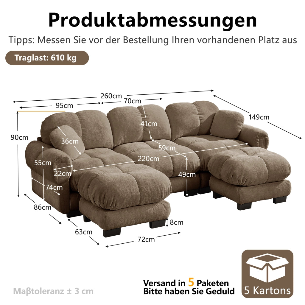 Divano angolare a U 3 posti con pouf mobile e 2 cuscini, Chenille, Marrone