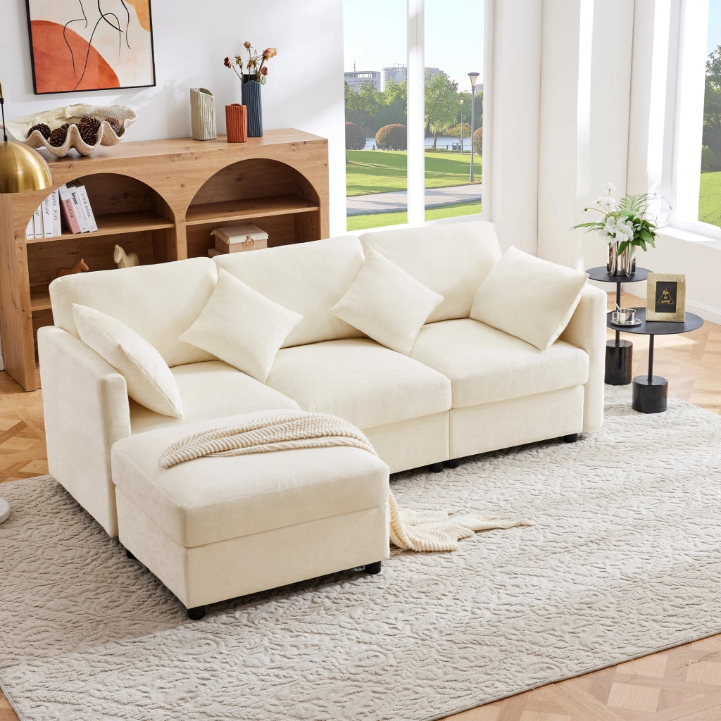 Divano angolare 3 posti con pouf mobile, braccioli regolabili e 4 cuscini, seduta a molle, in ciniglia beige