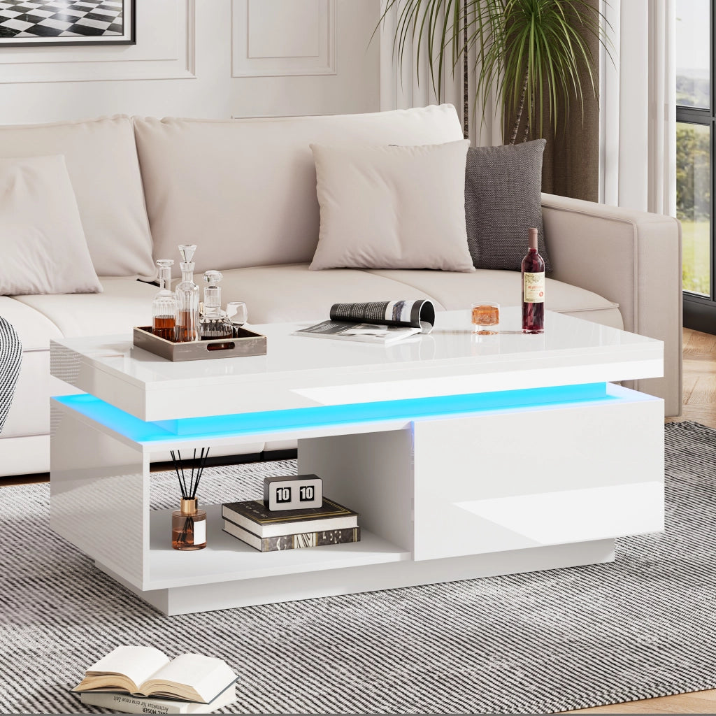 Tavolino da salotto con LED e cassetto portata 50 kg in pannello di particelle bianco lucido 100 × 50 × 40.3 cm