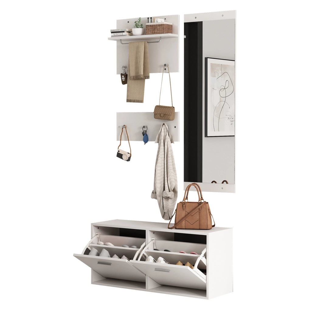 Set guardaroba da ingresso a 4 pezzi con specchio e mobile scarpe bianco