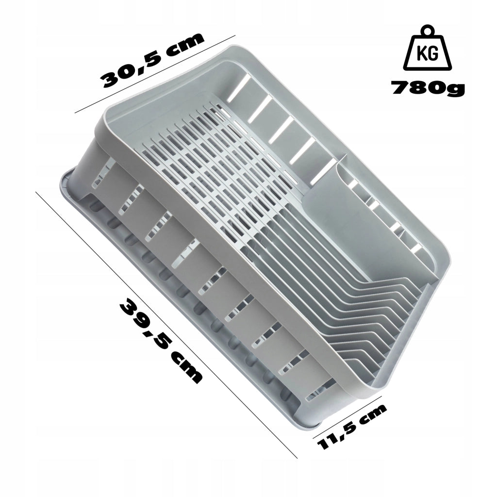 Scolapiatti KADAX con portaposate in plastica grigia, vassoio da 39 cm