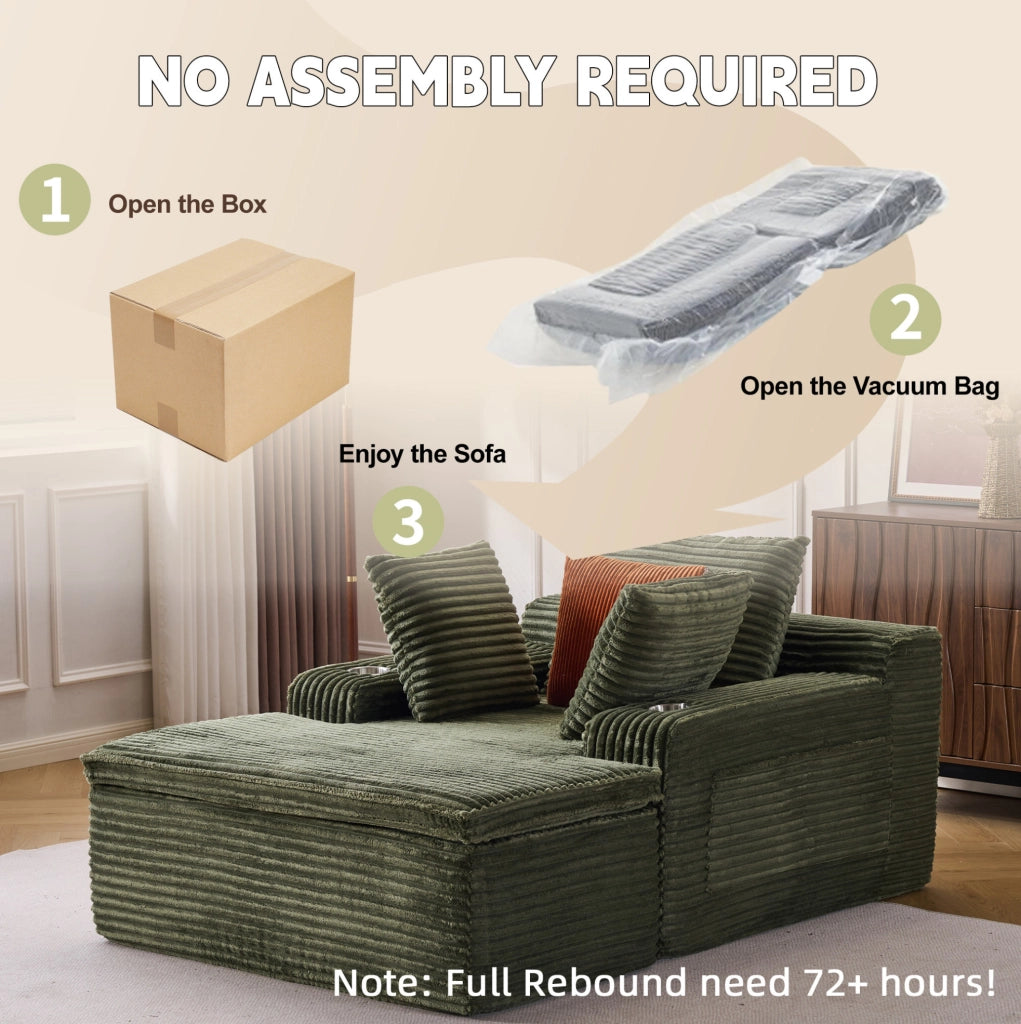 Divano da pavimento ULEVR con chaise longue, 3 cuscini, portabicchieri e cuscino coperta 2 in 1, velluto a coste verde