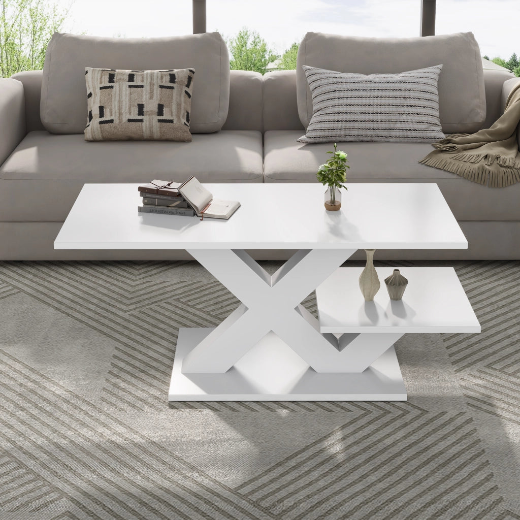 Tavolino basso fisso a doppio piano con supporto geometrico a X in MDF bianco lucido per soggiorno 100 × 48 × 45 cm