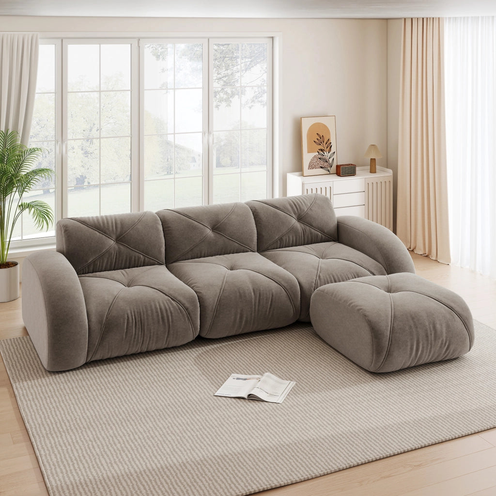 Divano modulare in chenille taupe senza telaio interno con schiuma 32D e configurazione flessibile