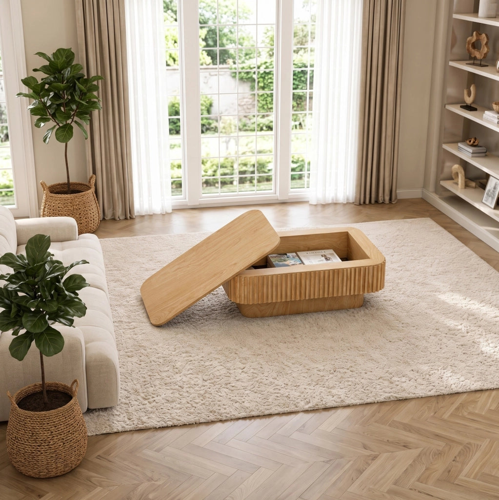 Tavolino da salotto con contenitore nascosto e piano rimovibile effetto legno naturale HOMVRA
