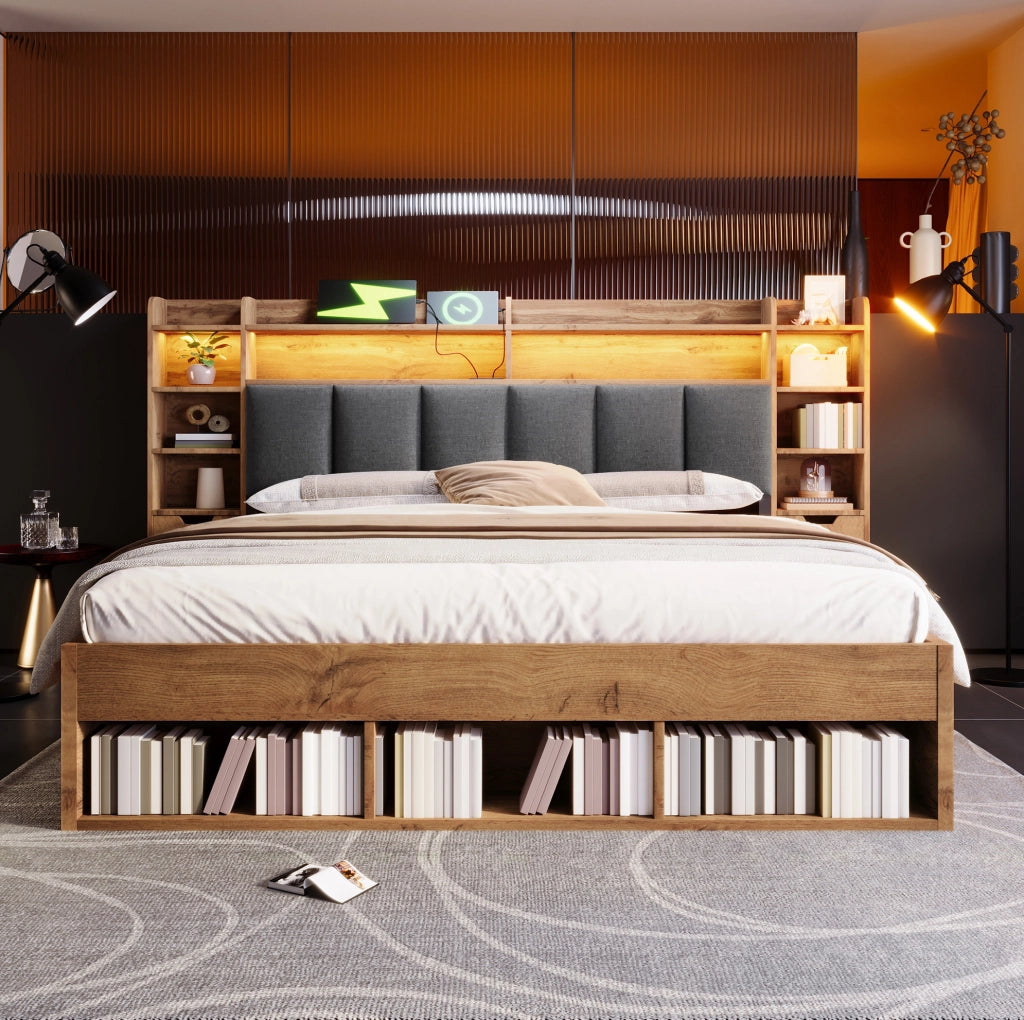 Letto matrimoniale 180x200 cm con LED; porte USB e cassetti effetto rovere HOMVRA