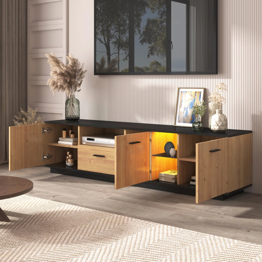 Mobile TV con tre ante; cassetto; divisori in vetro e LED a 16 colori in MDF nero e legno 180 × 37 × 45 cm