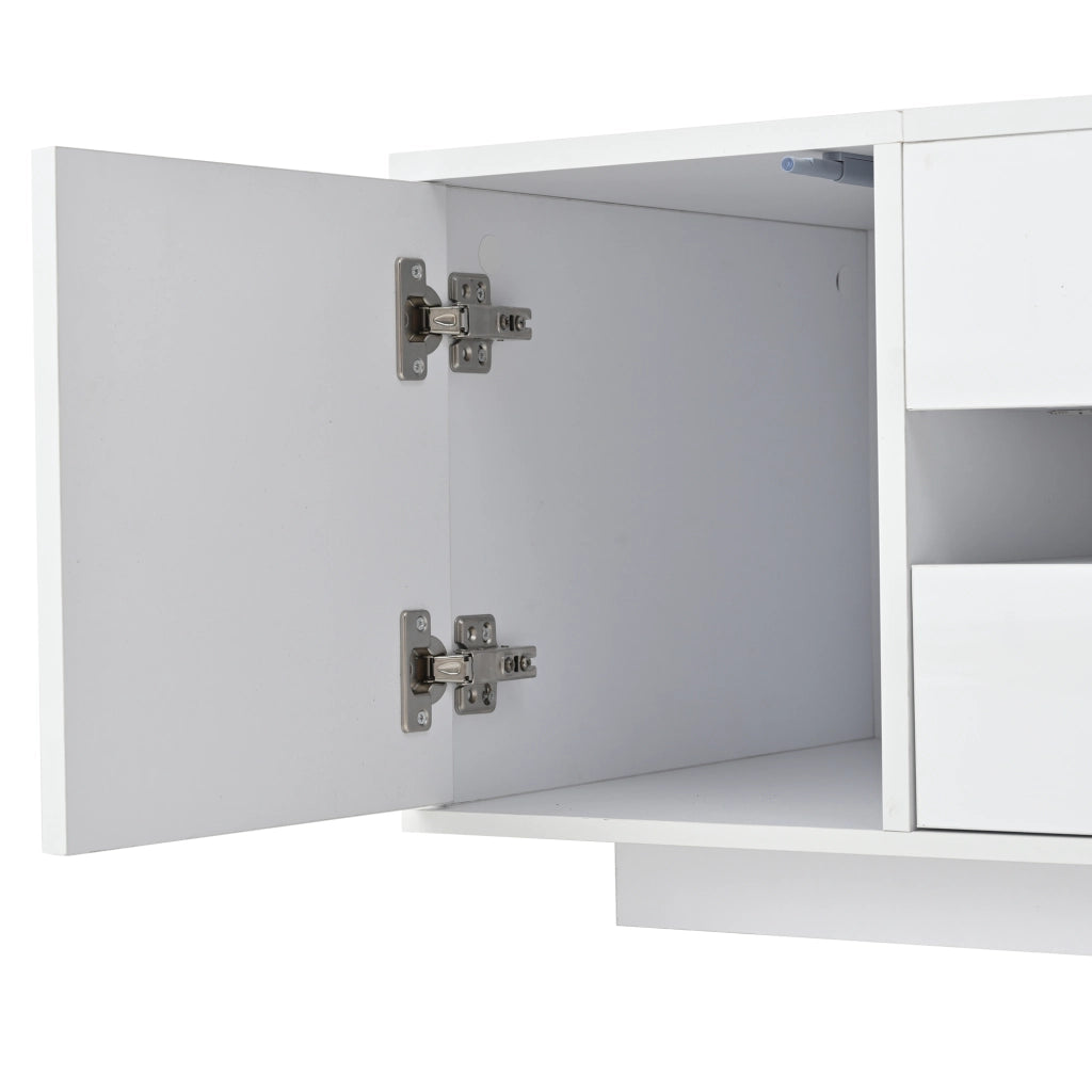 Tavolino basso alzabile per soggiorno con LED RGB; cassetto e vano chiuso; in pannello truciolare bianco lucido