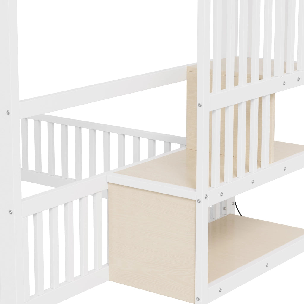 Letto a castello 140x200 cm con scala contenitore e LED, Bianco