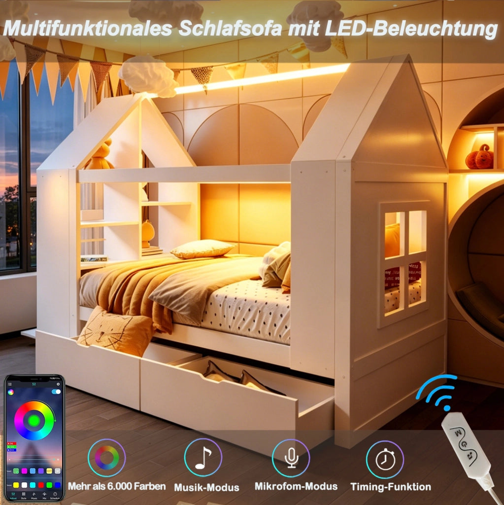 Letto a casetta per bambini 90x200 cm bianco con LED e cassetti