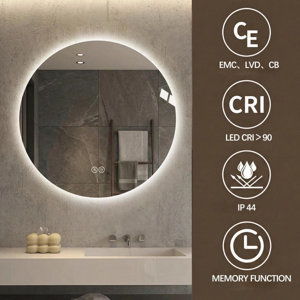 Specchio bagno LED rotondo 80 cm con retroilluminazione, antiappannamento, 3 tonalità di luce dimmerabili, funzione memoria, sensore touch, vetro argento HD senza rame 5 mm